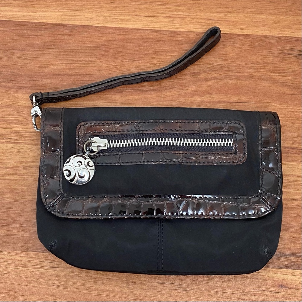 Vintage BRIGHTON Black & Brown Croc Leather Trim Twist n Wrist Wristlet NO STRAP